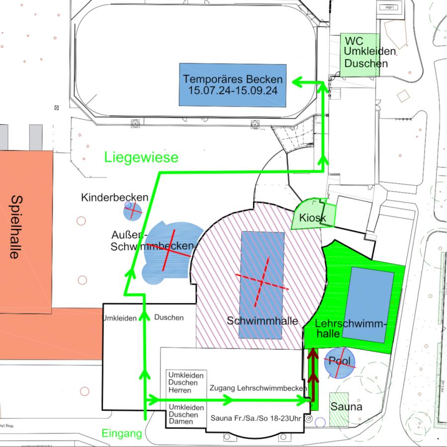 Nutzungsmöglichkeiten des Schwimmbades während der Sanierung des großen Beckens vom 15. Juli 2024 bis Ende 2025